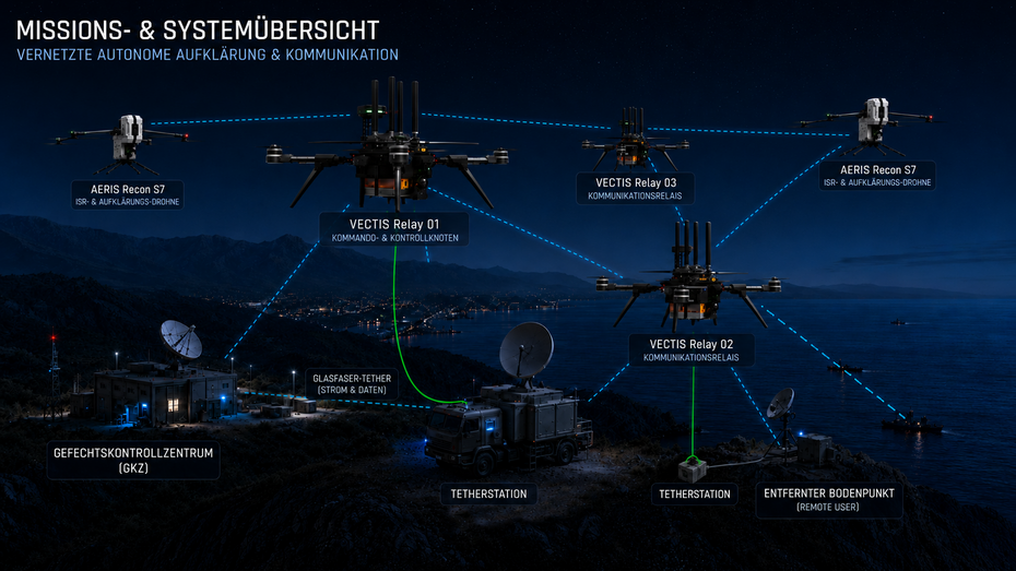 VECTIS X Fusion M2 as a tether-supported UAV system platform with Tether Ground Station, long-range radio link, relay units, live video feed and connection to a higher-level C2 or mission system.