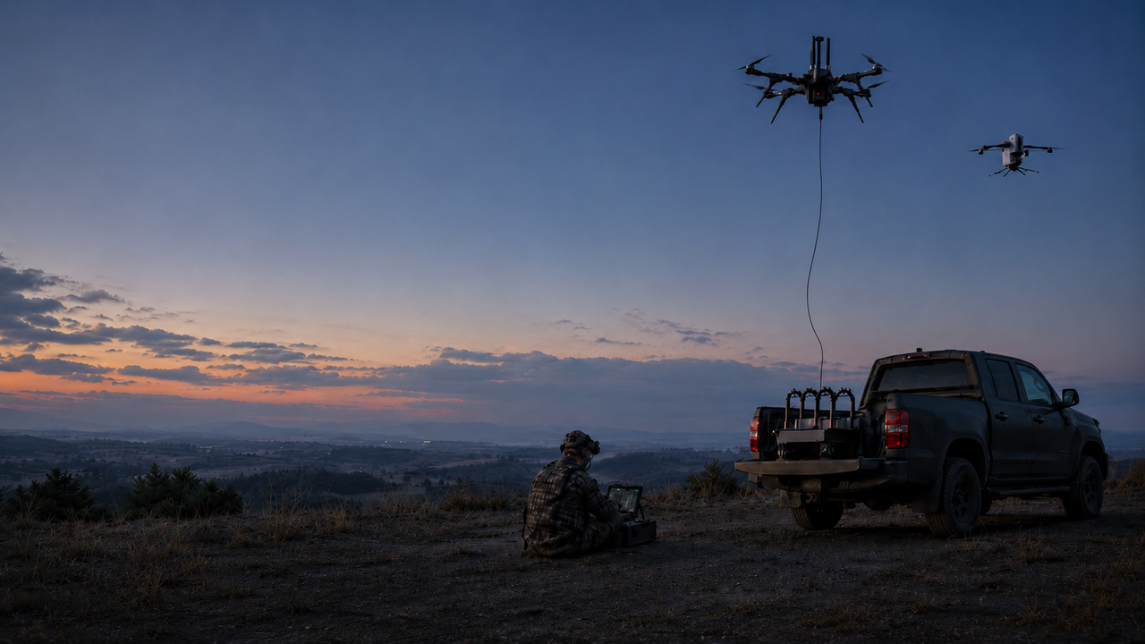 Vectorbirds UAV systems with VECTIS, AERIS Recon S7, TELEVATOR, tethered operation, pickup carrier vehicle and operator at the Ground Control Station
