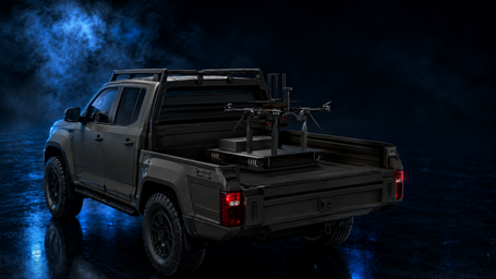 TELEVATOR Mobile Tether Platform on a vehicle bed for tether-supported UAV operations with mobile platform integration.