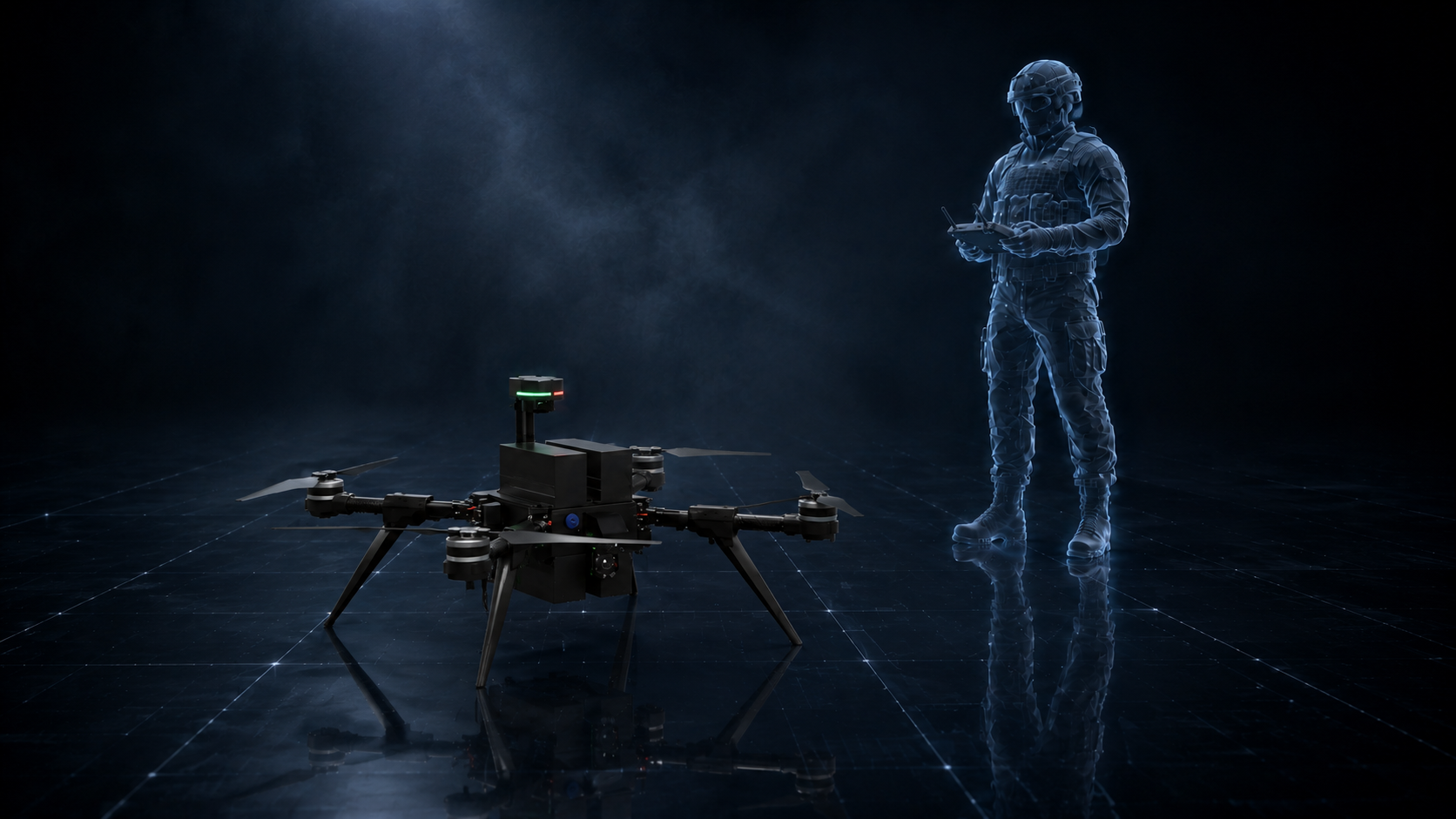 VECTIS X Fusion M2 in mission-oriented configuration with TVM, buffer battery and antenna module, shown with a transparent soldier operator as size reference.